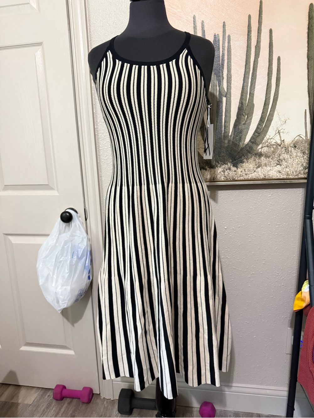 Worthington Black and Cream Striped Knit Midi Dress